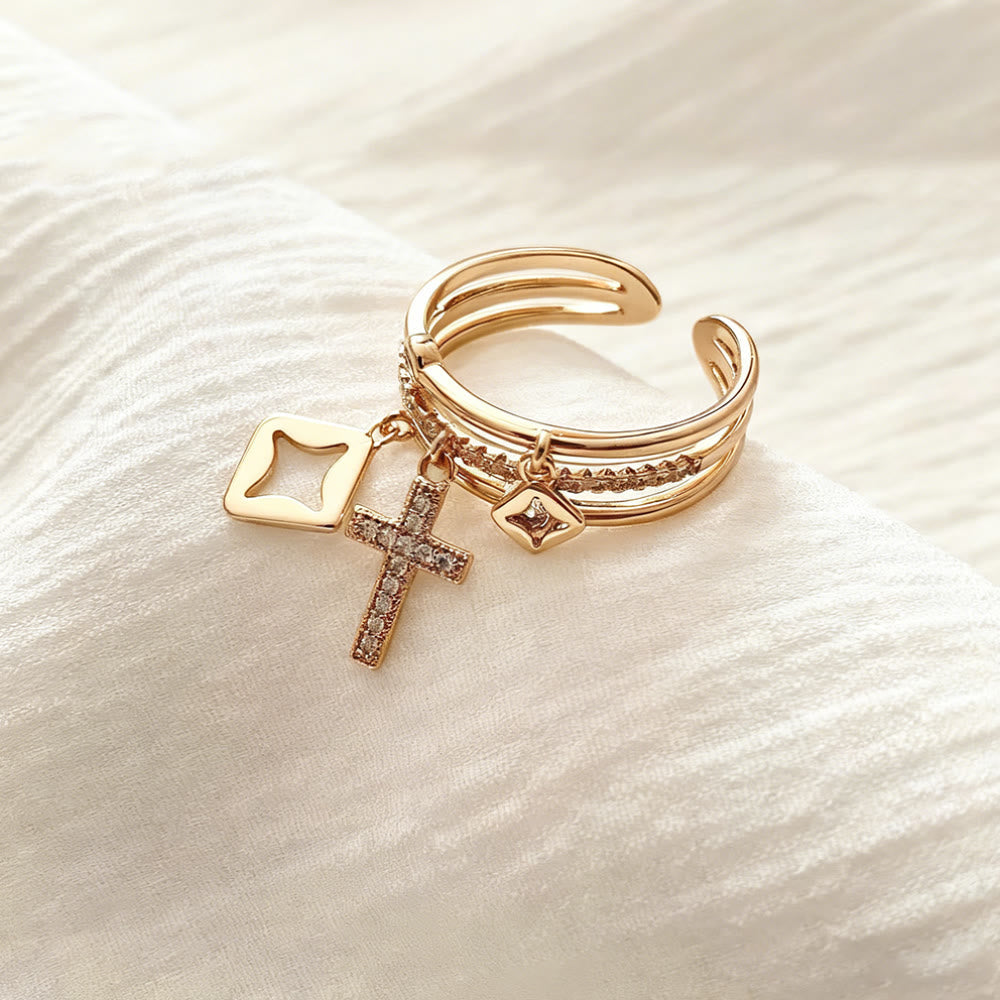 Shimmering Cross Charm Layered Band Ring