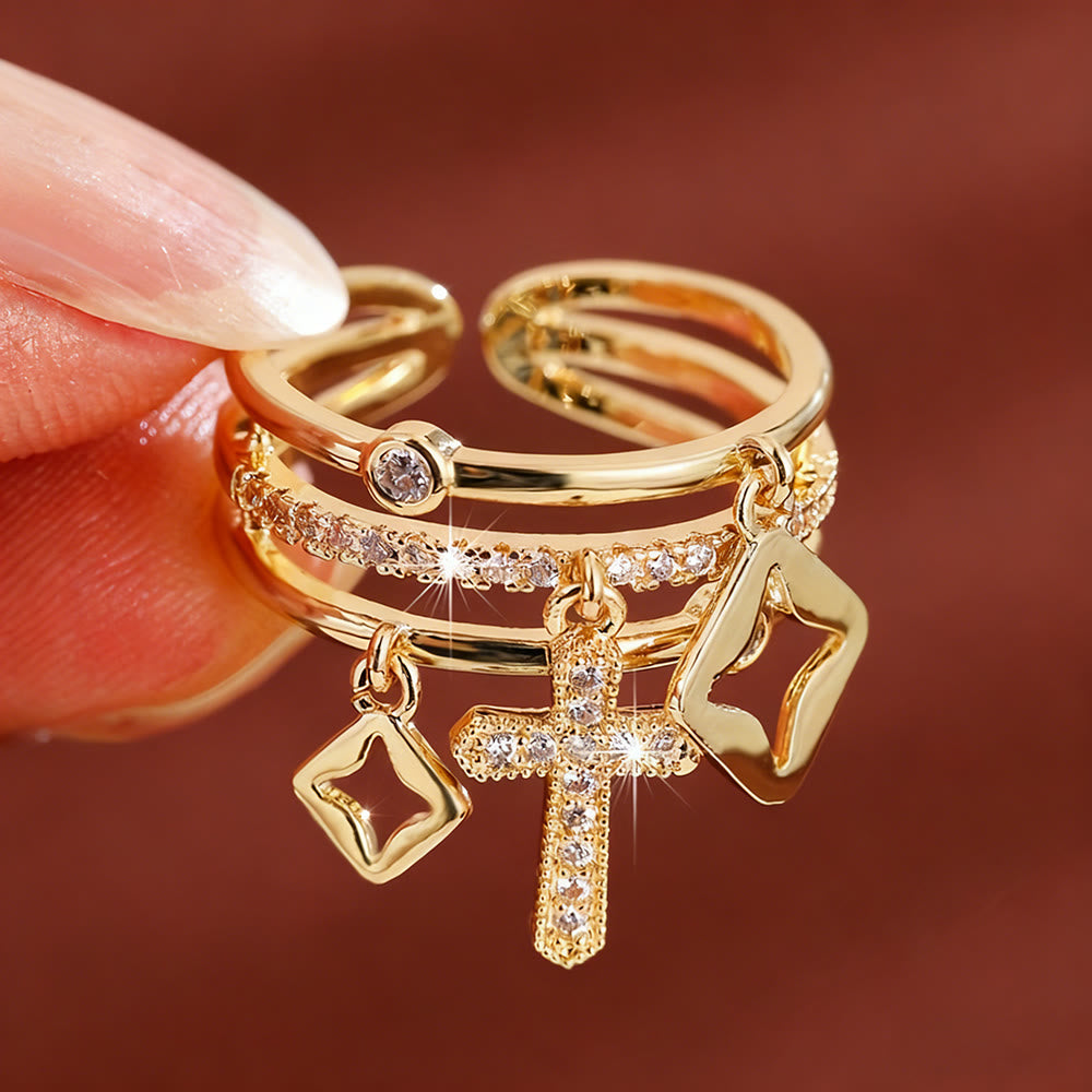 Shimmering Cross Charm Layered Band Ring