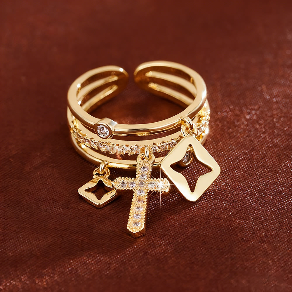 Shimmering Cross Charm Layered Band Ring