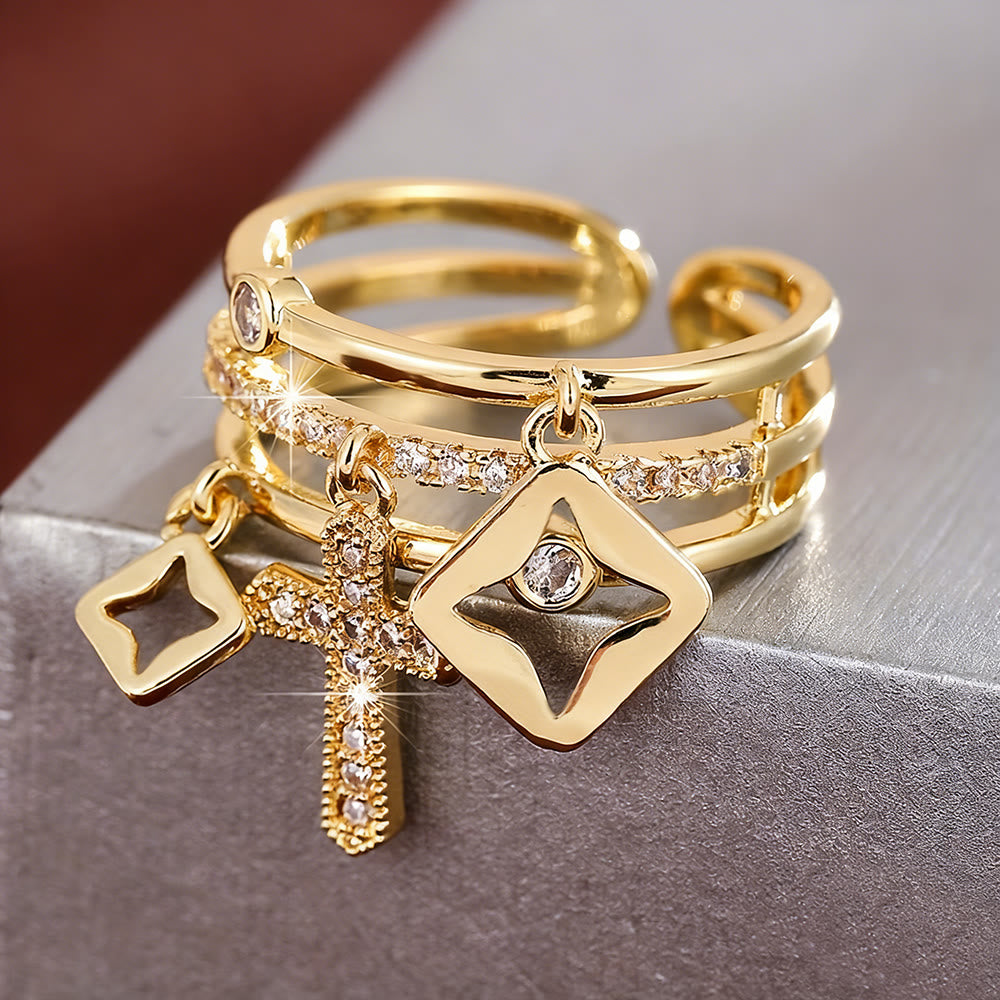 Shimmering Cross Charm Layered Band Ring