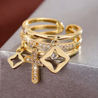 Shimmering Cross Charm Layered Band Ring