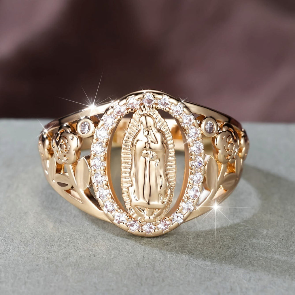 Our Lady Ring with Encircled Zircons & Floral Accents