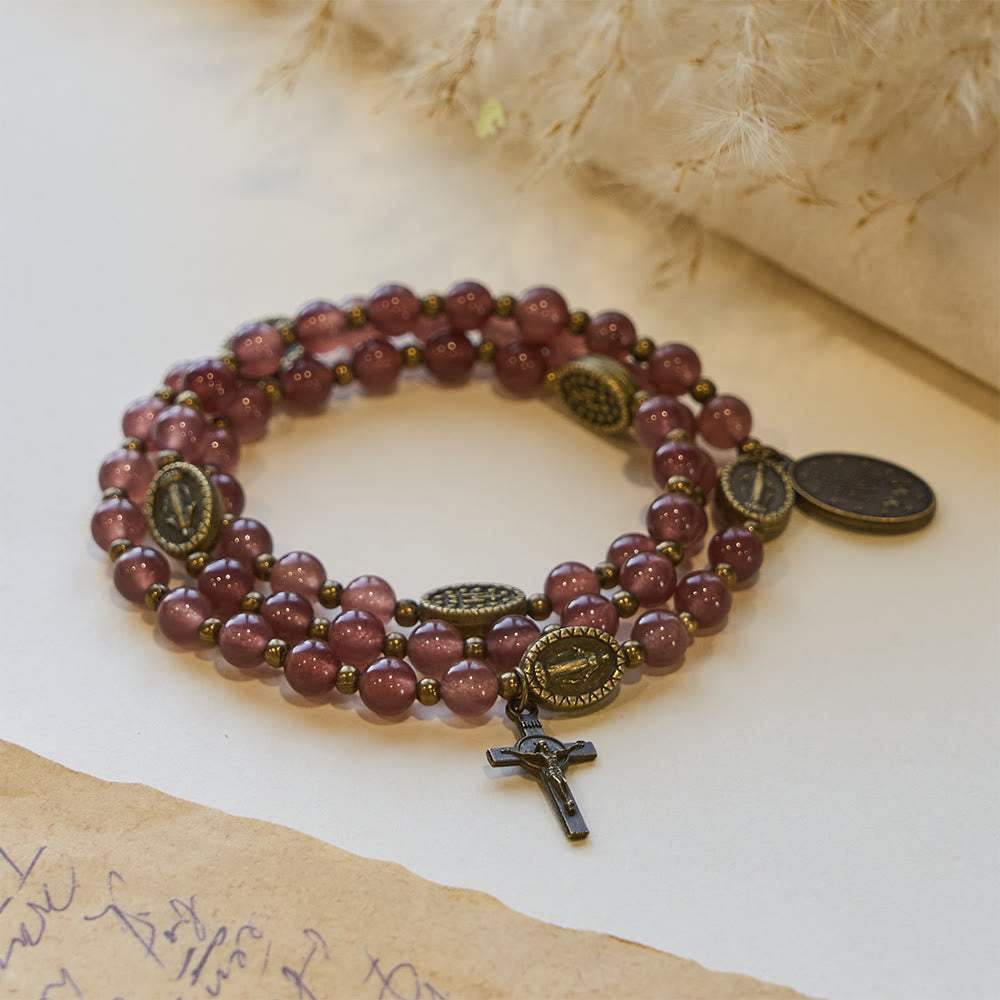 Vintage Strawberry Quartz Bracelet with Miraculous Medal Sacred