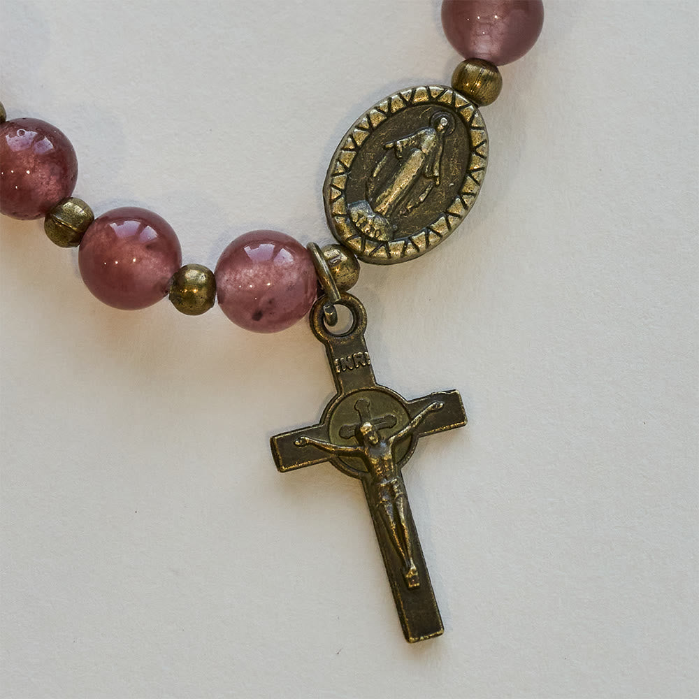 Vintage Strawberry Quartz Bracelet with Miraculous Medal Sacred