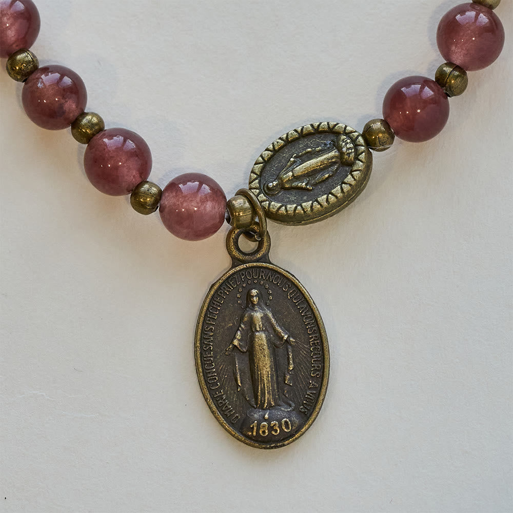 Vintage Strawberry Quartz Bracelet with Miraculous Medal Sacred