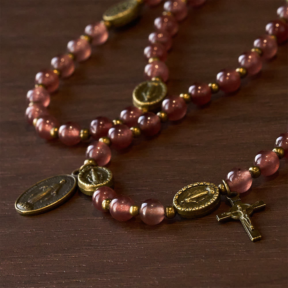 Vintage Strawberry Quartz Bracelet with Miraculous Medal Sacred