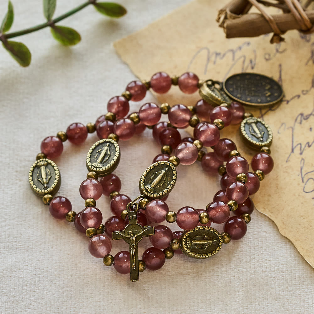 Vintage Strawberry Quartz Bracelet with Miraculous Medal Sacred