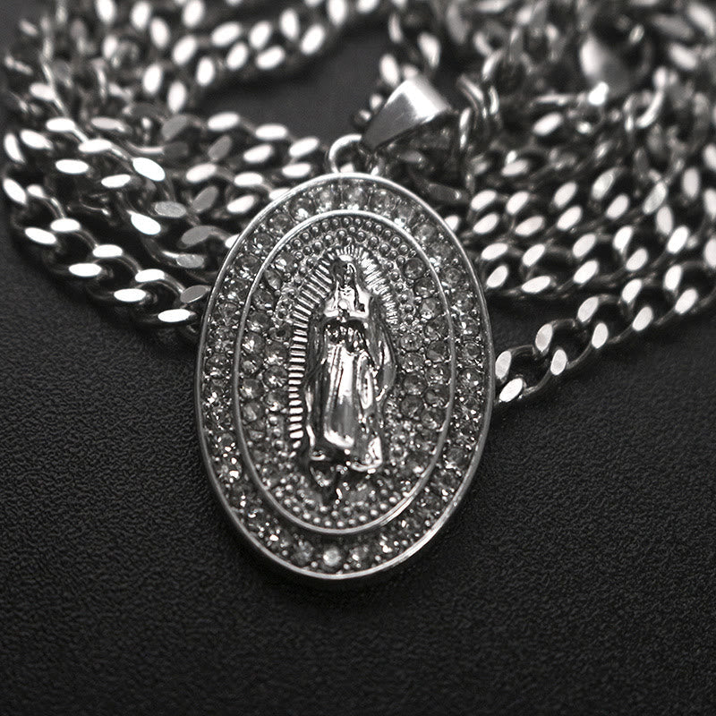 Sparkling Our Lady Oval Medallion Pendant Necklace