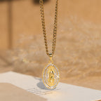 Sparkling Our Lady Oval Medallion Pendant Necklace
