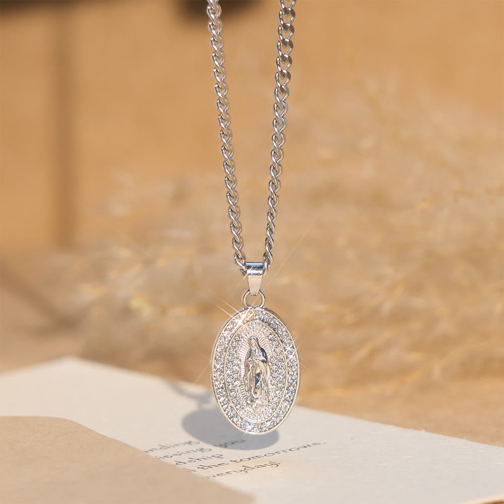 Sparkling Our Lady Oval Medallion Pendant Necklace