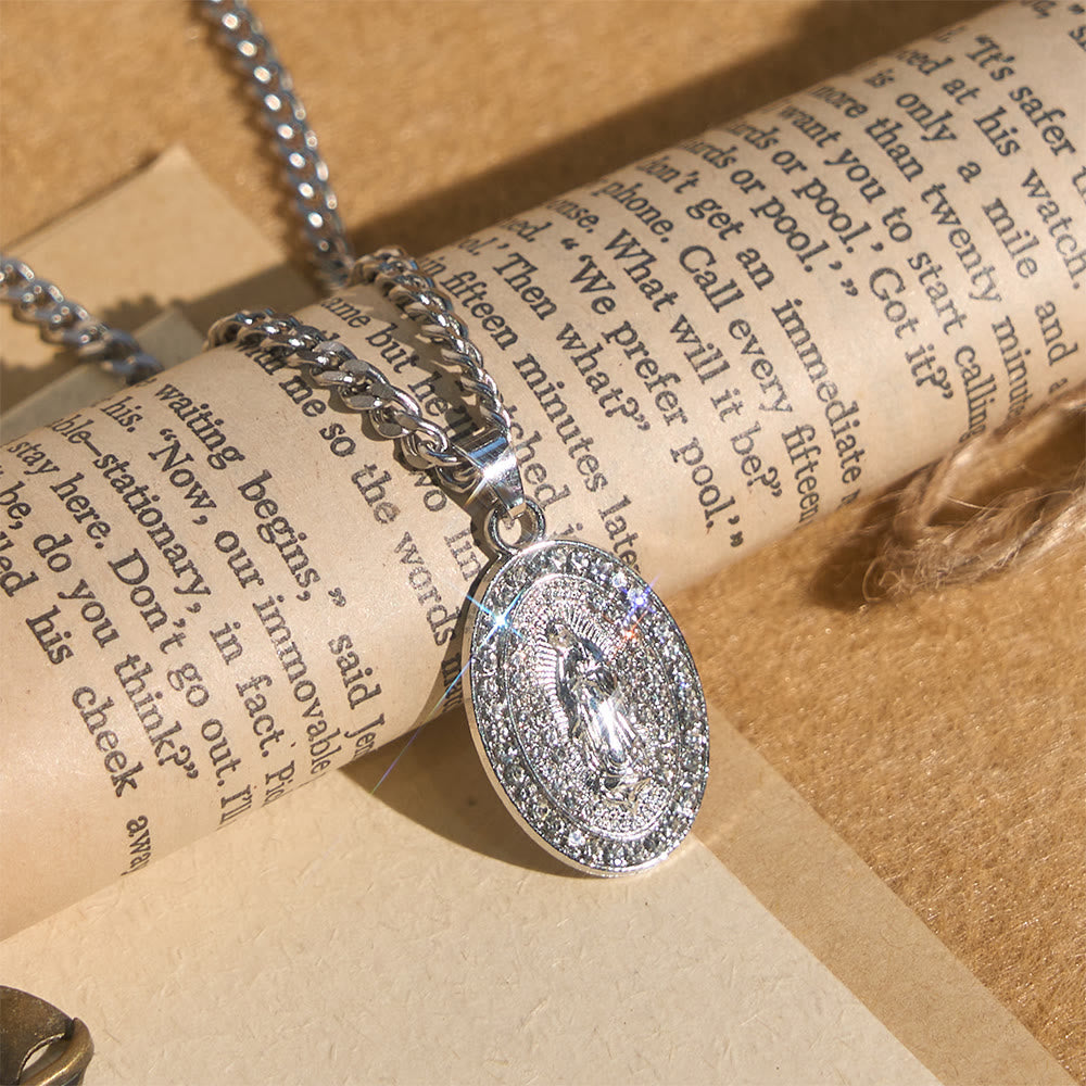 Sparkling Our Lady Oval Medallion Pendant Necklace