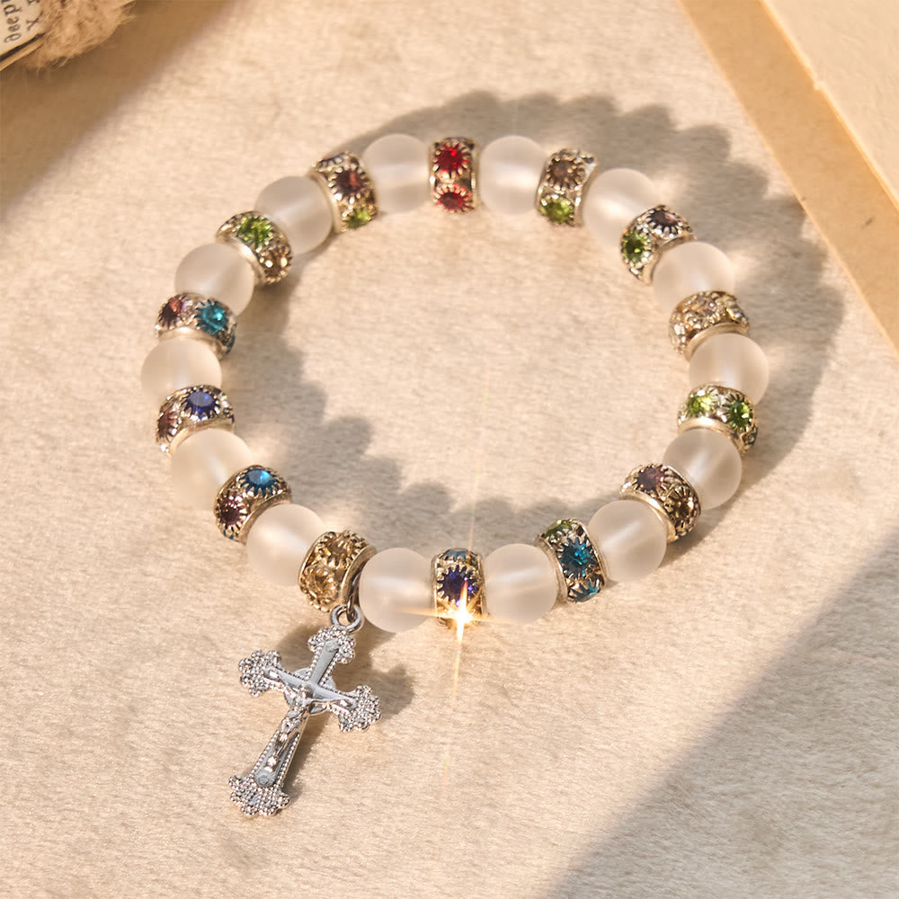 Frosted Green Agate & White Glass Cross Bracelet