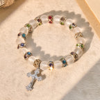 Frosted Green Agate & White Glass Cross Bracelet