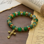 Frosted Green Agate & White Glass Cross Bracelet