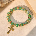 Frosted Green Agate & White Glass Cross Bracelet
