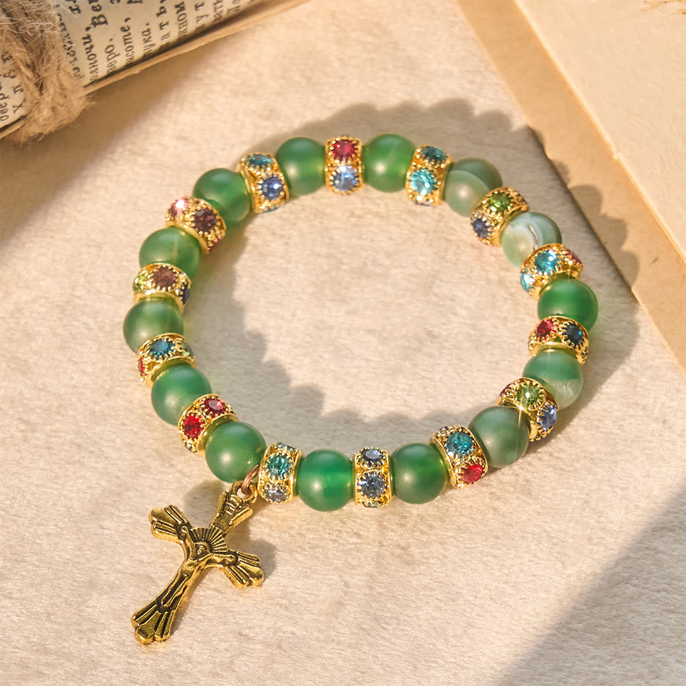 Frosted Green Agate & White Glass Cross Bracelet