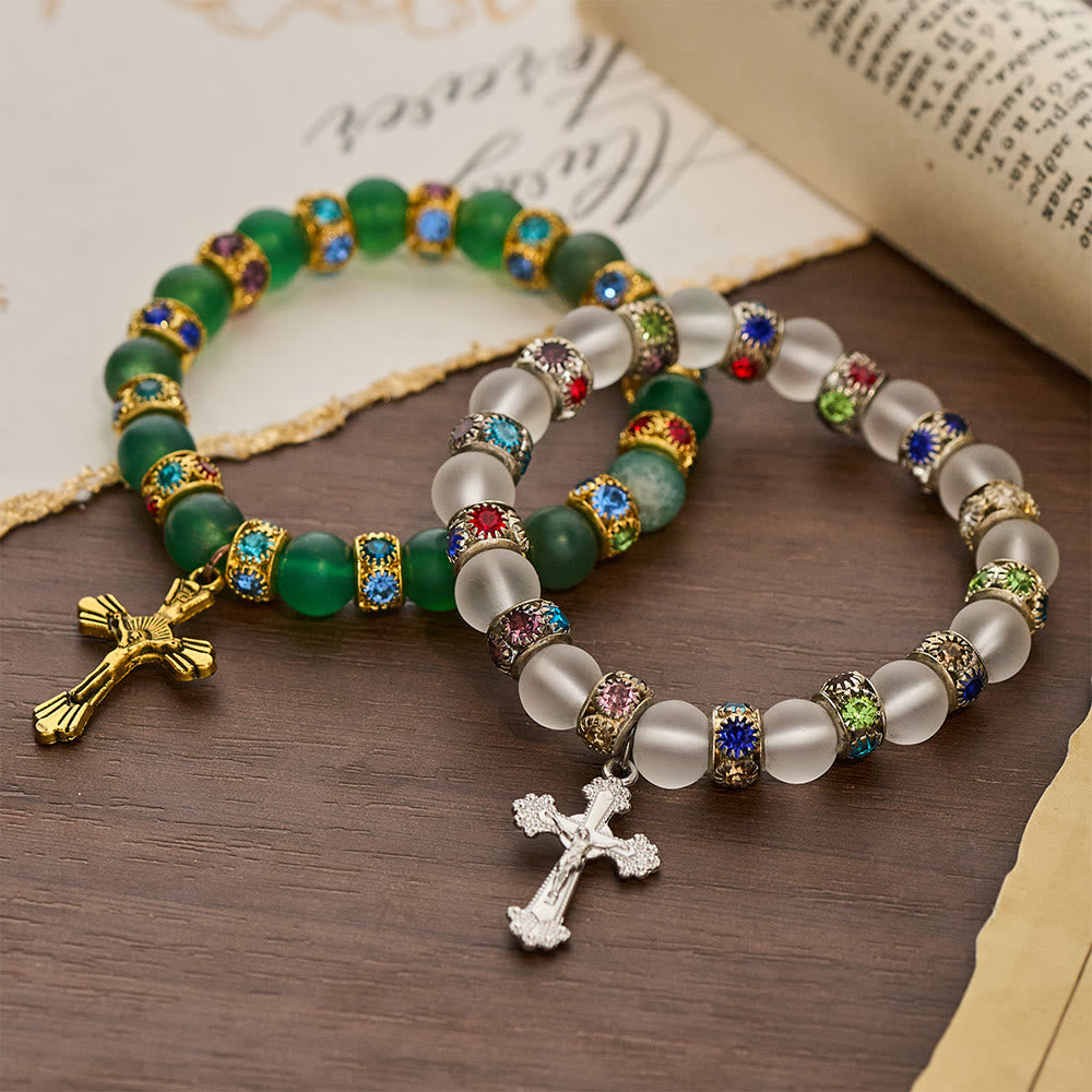 Frosted Green Agate & White Glass Cross Bracelet