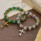 Frosted Green Agate & White Glass Cross Bracelet