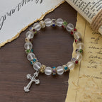 Frosted Green Agate & White Glass Cross Bracelet