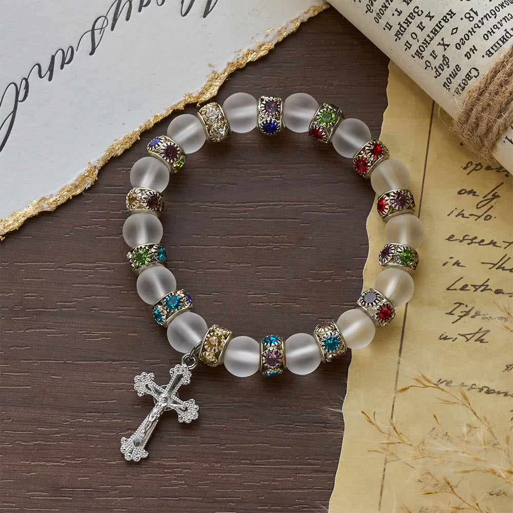 Frosted Green Agate & White Glass Cross Bracelet