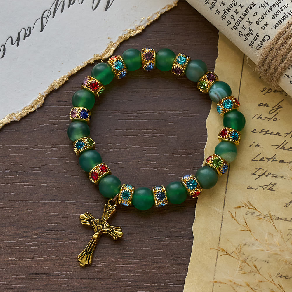 Frosted Green Agate & White Glass Cross Bracelet