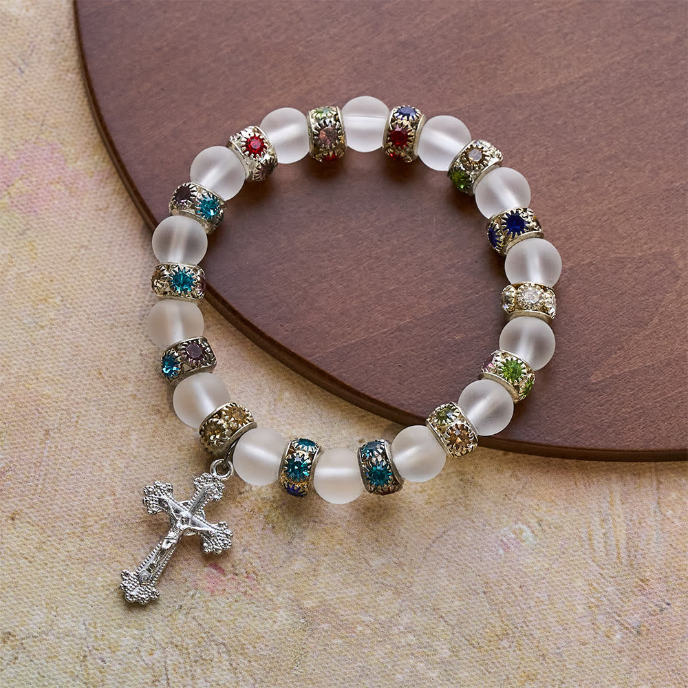 Frosted Green Agate & White Glass Cross Bracelet