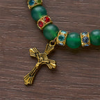Frosted Green Agate & White Glass Cross Bracelet