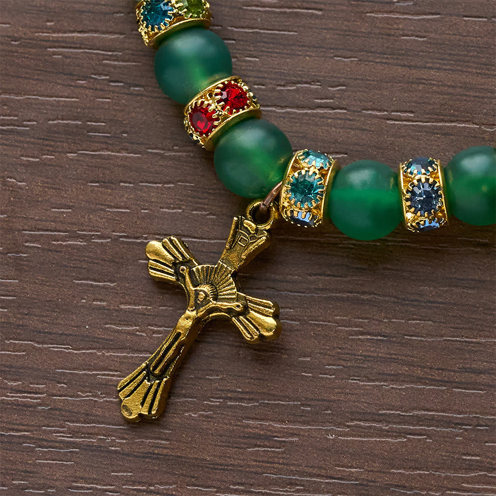 Frosted Green Agate & White Glass Cross Bracelet