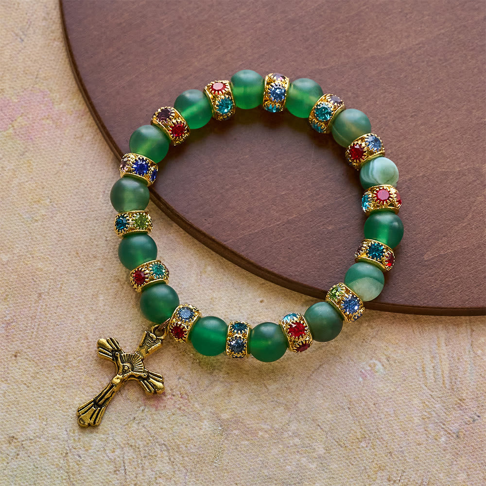 Frosted Green Agate & White Glass Cross Bracelet