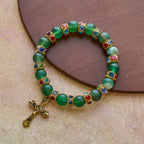 Frosted Green Agate & White Glass Cross Bracelet