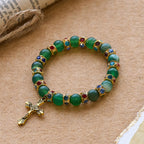 Frosted Green Agate & White Glass Cross Bracelet