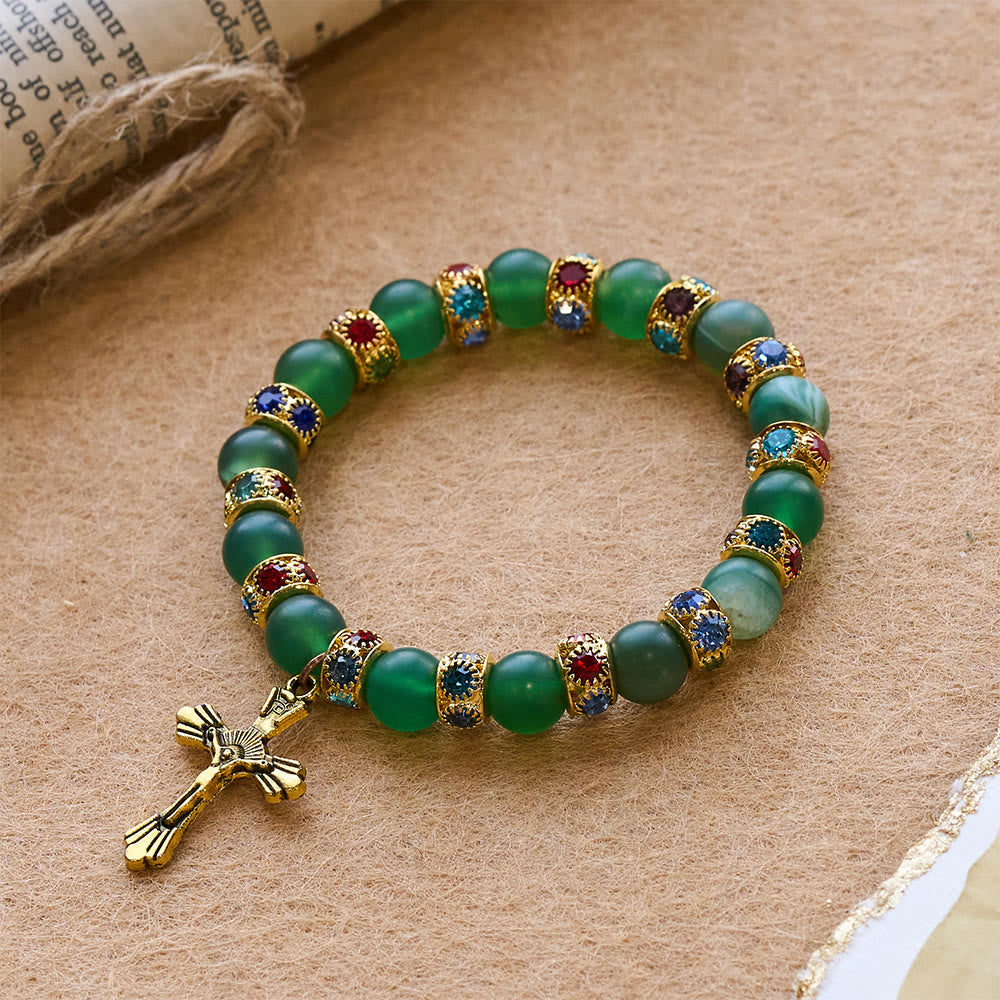 Frosted Green Agate & White Glass Cross Bracelet