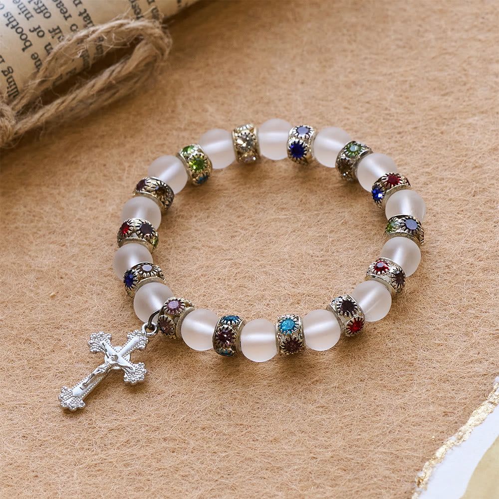 Frosted Green Agate & White Glass Cross Bracelet