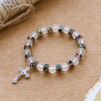 Frosted Green Agate & White Glass Cross Bracelet