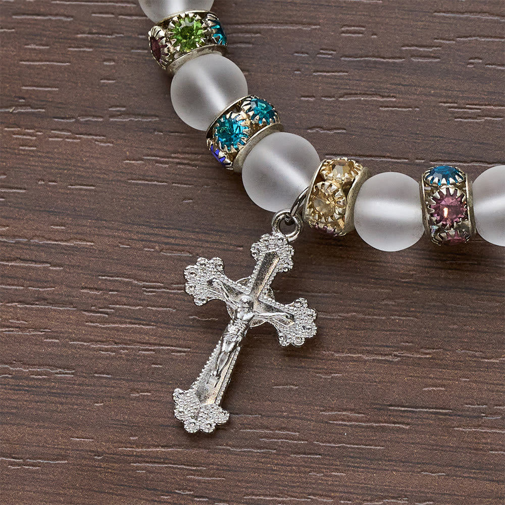 Frosted Green Agate & White Glass Cross Bracelet
