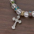 Frosted Green Agate & White Glass Cross Bracelet