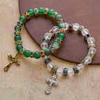 Frosted Green Agate & White Glass Cross Bracelet