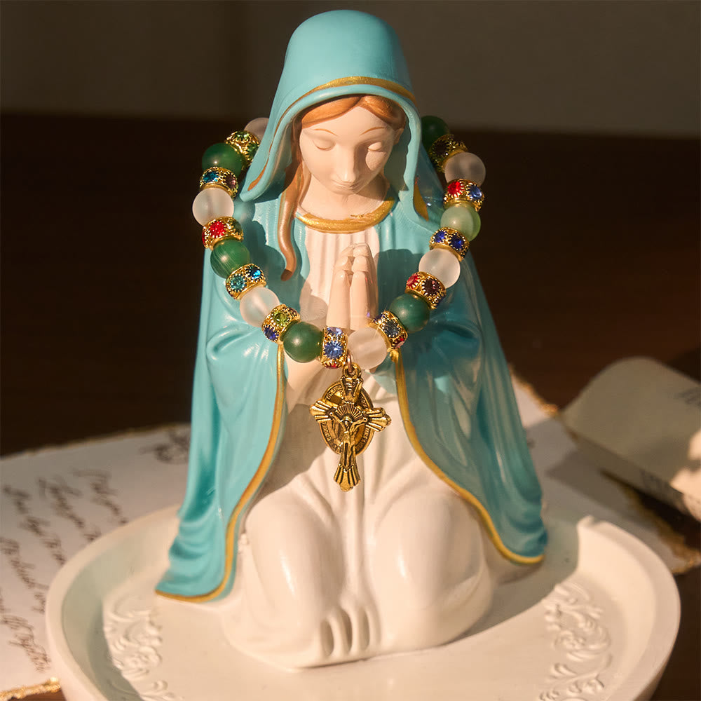 Smooth Frosted Agate Crucifx & Our Lady Bracelet