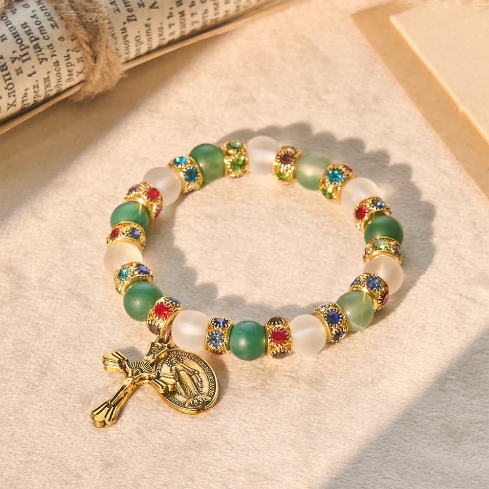 Smooth Frosted Agate Crucifx & Our Lady Bracelet
