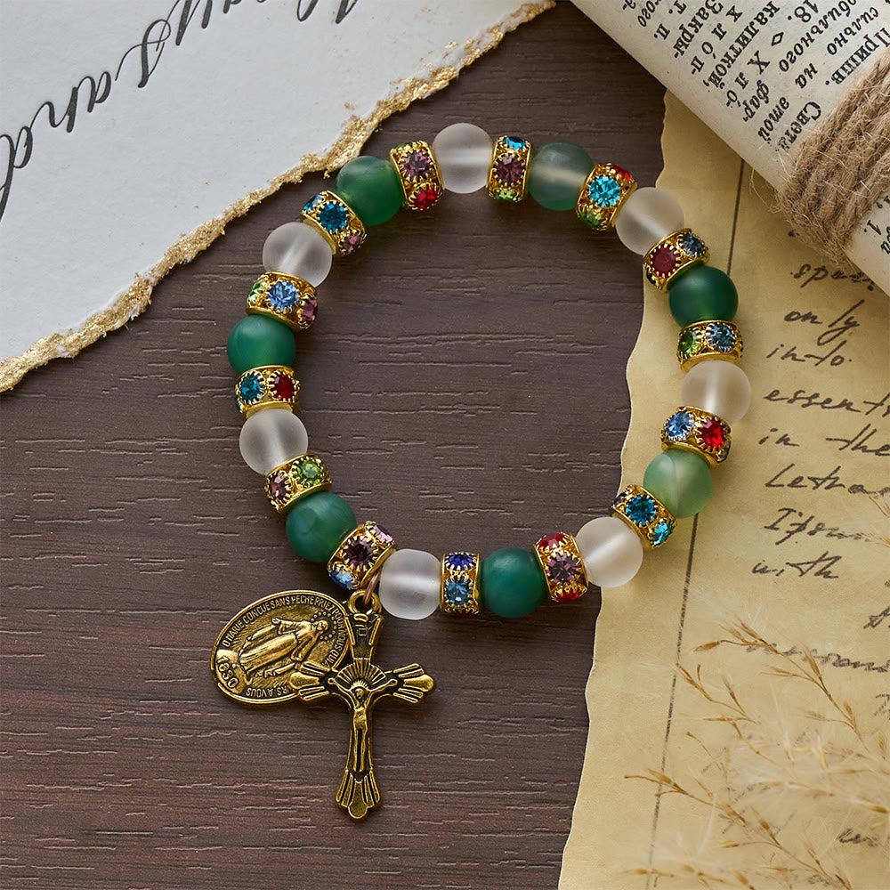 Smooth Frosted Agate Crucifx & Our Lady Bracelet
