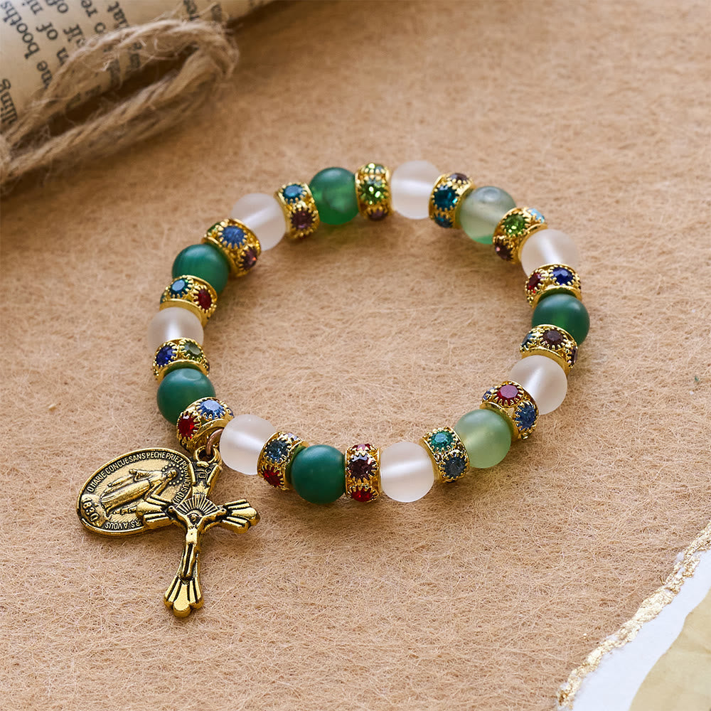 Smooth Frosted Agate Crucifx & Our Lady Bracelet