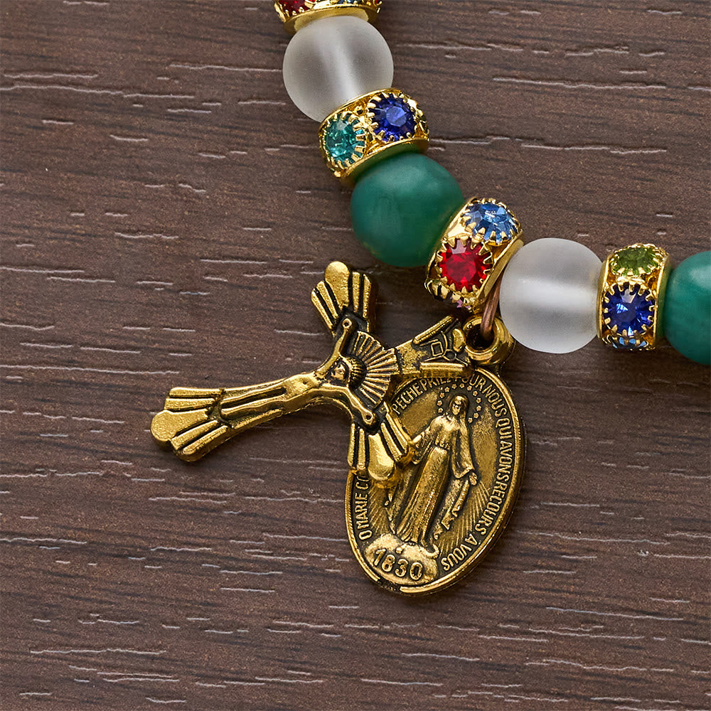 Smooth Frosted Agate Crucifx & Our Lady Bracelet