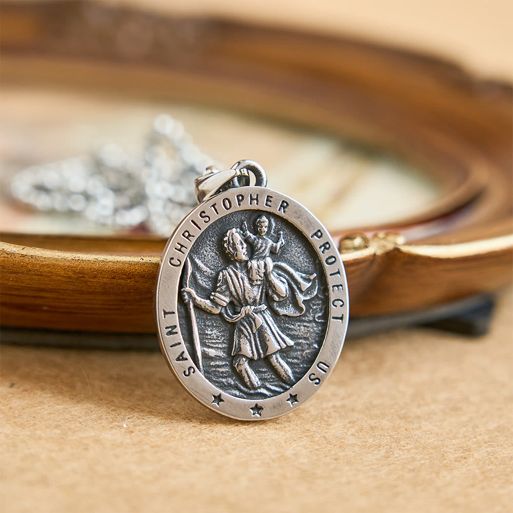 St. Christopher Protect Us Oval Medallion Necklace