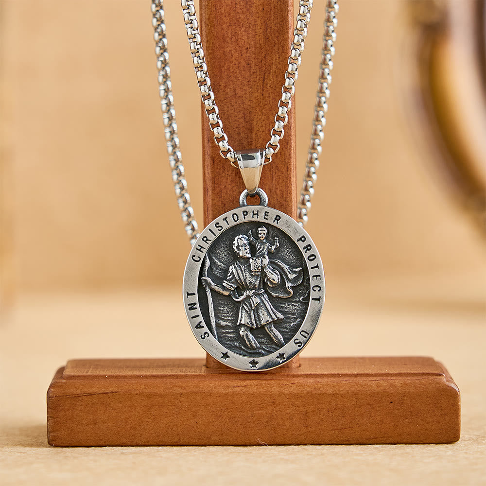 St. Christopher Protect Us Oval Medallion Necklace