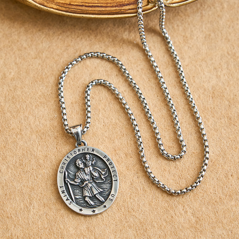 St. Christopher Protect Us Oval Medallion Necklace