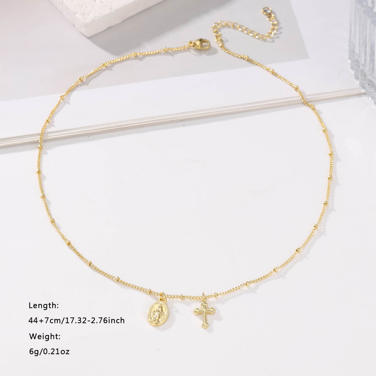 Cross & Our Lady Dual Pendant Golden Necklace