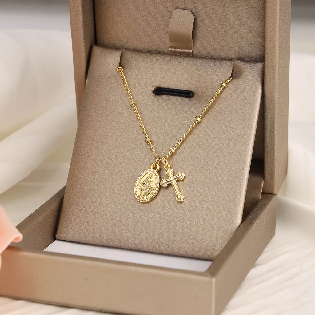 Cross & Our Lady Dual Pendant Golden Necklace