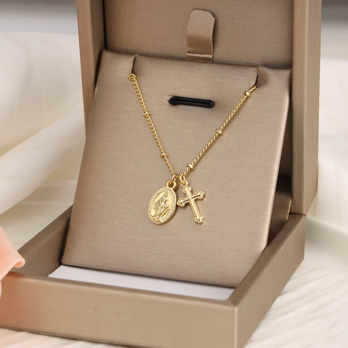 Cross & Our Lady Dual Pendant Golden Necklace
