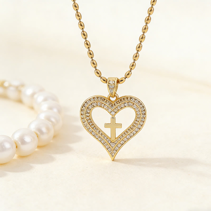 Golden Heart & Cross Sparkle Pendant Necklace