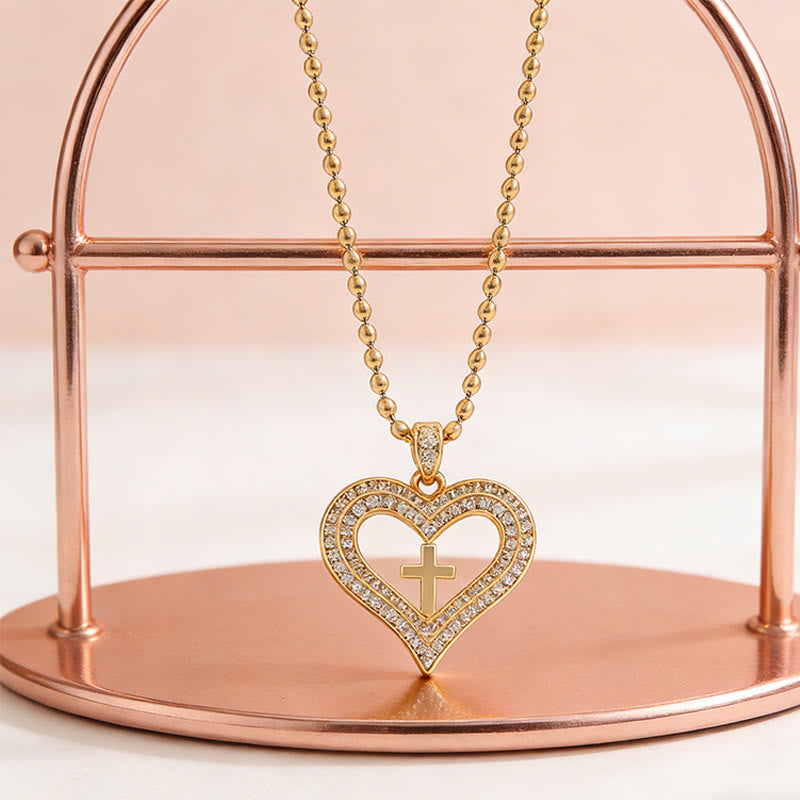 Golden Heart & Cross Sparkle Pendant Necklace